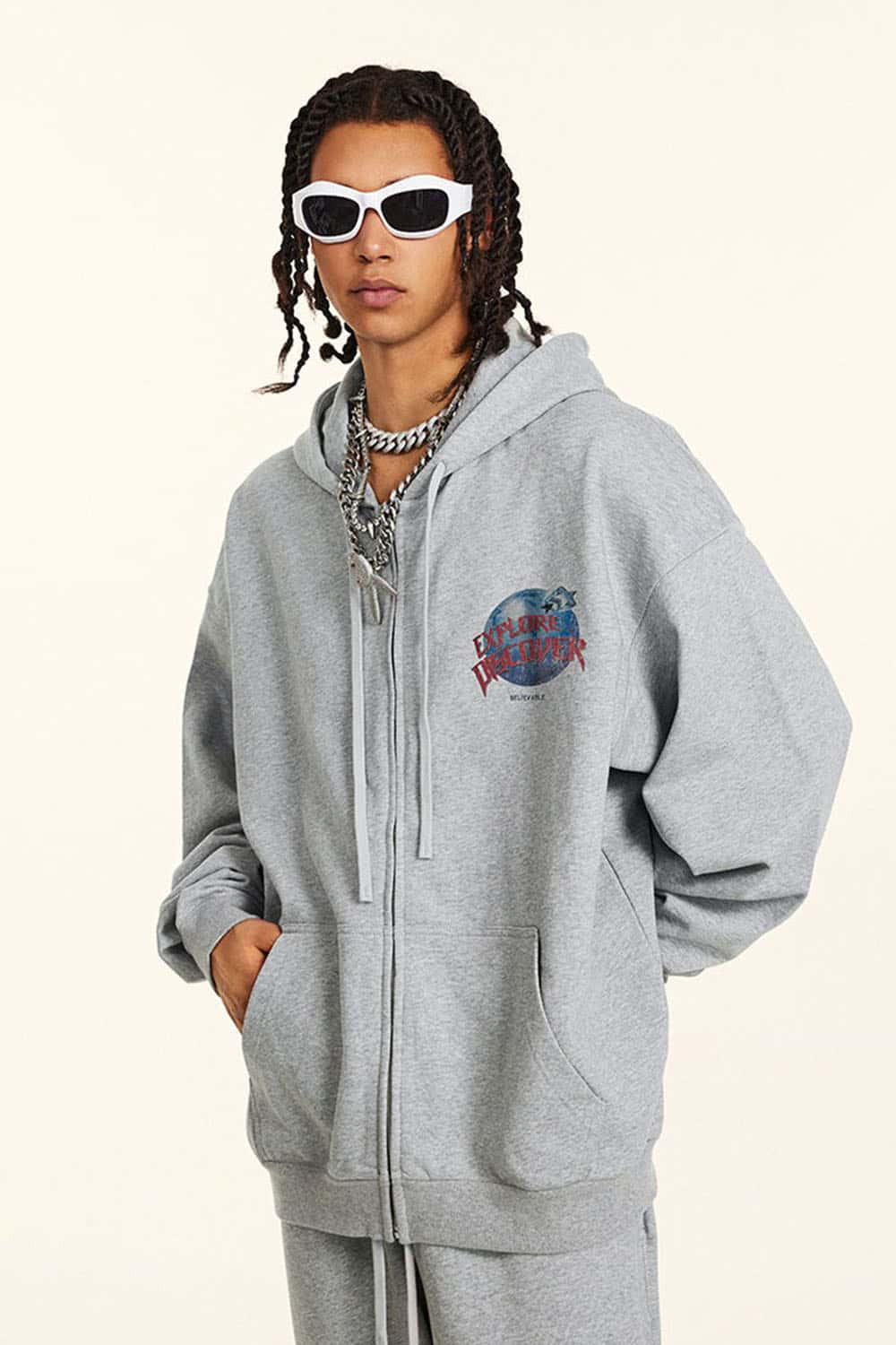 Trendy Zip-Up Hoodie with Graphic Logo