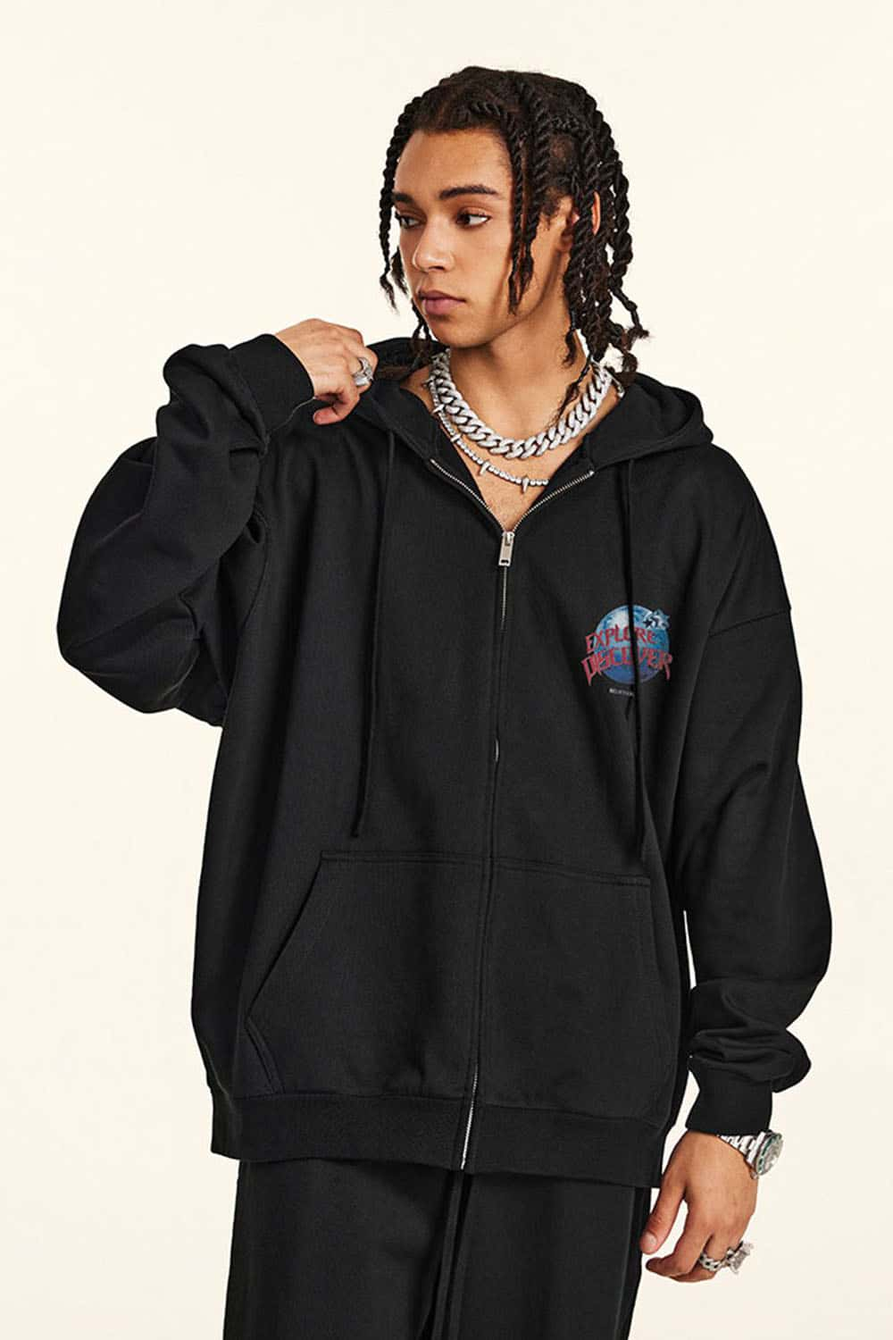 Trendy Zip-Up Hoodie with Graphic Logo