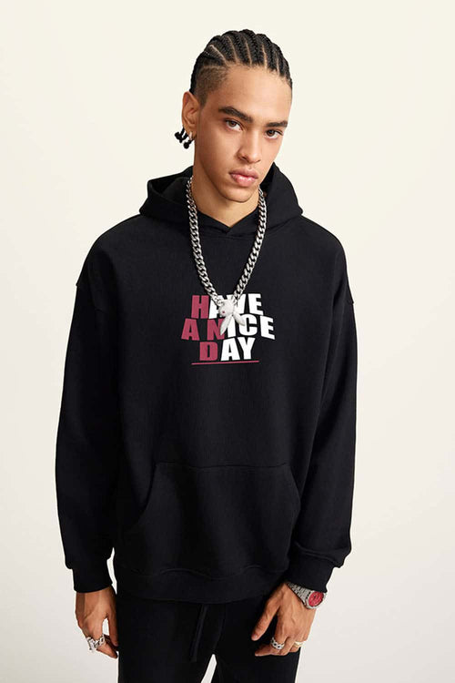 Heavyweight Puff-Print Letter Graphic Pullover Hoodie in Active Black - product detail close-up