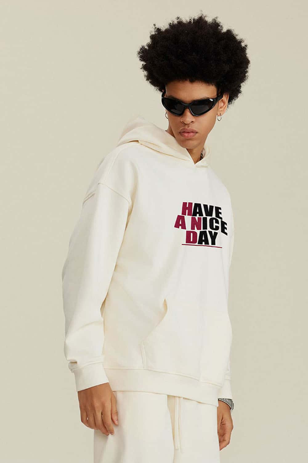 Heavyweight Puff-Print Letter Graphic Pullover Hoodie in Milk Tea White - front product view