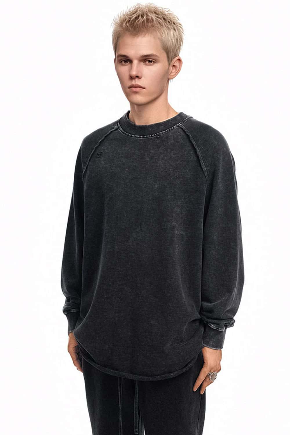 Breathable Distressed Raw-Edge Cotton Sweatshirt in Fried Snowflakes - front modeled view