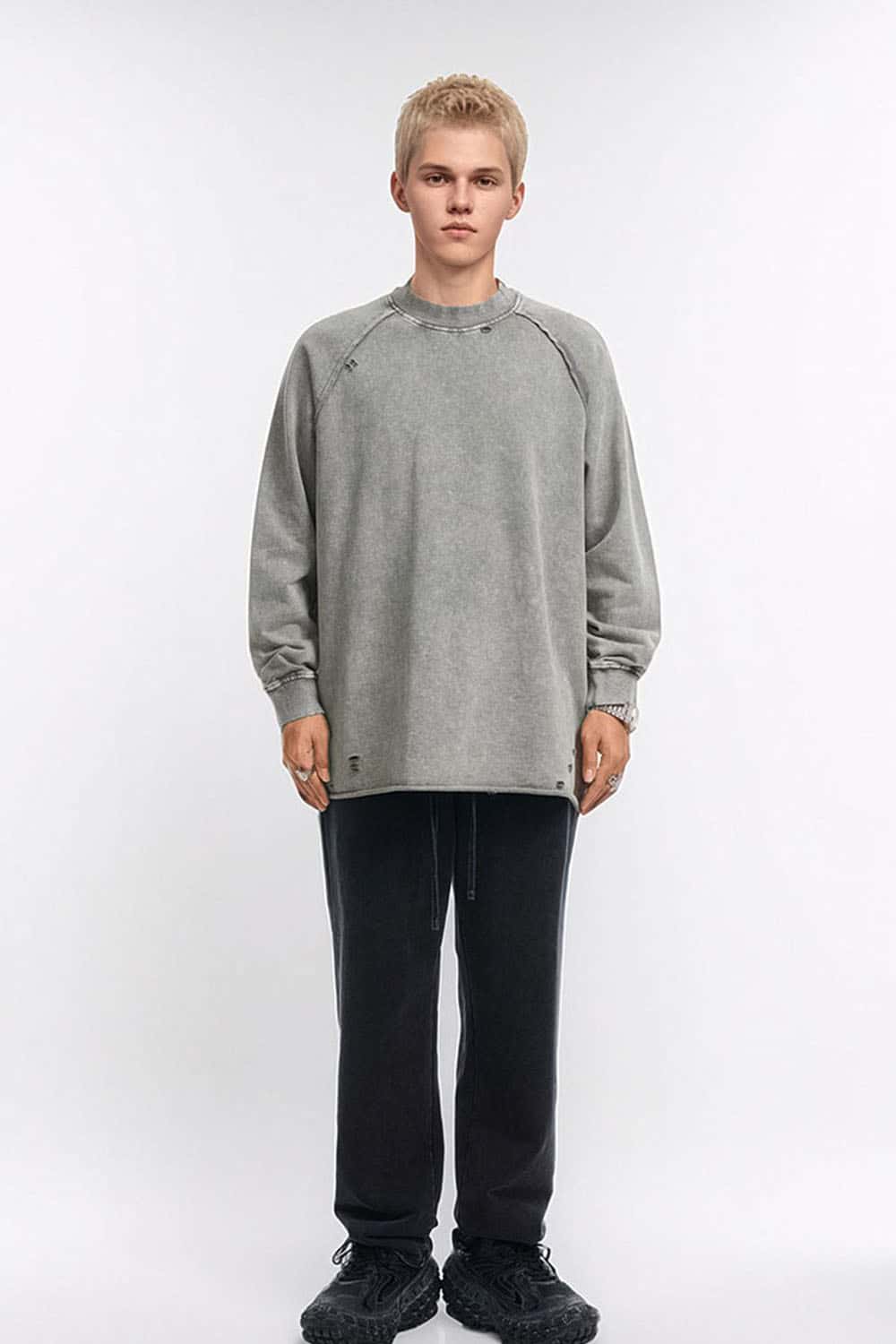 Breathable Distressed Raw-Edge Cotton Sweatshirt in Medium Gray - full-length front modeled view