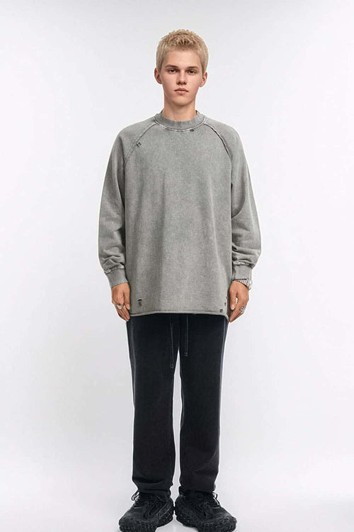 Breathable Distressed Raw-Edge Cotton Sweatshirt in Medium Gray - full-length front modeled view