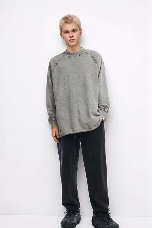 Breathable Distressed Raw-Edge Cotton Sweatshirt in Medium Gray - full-length front modeled view