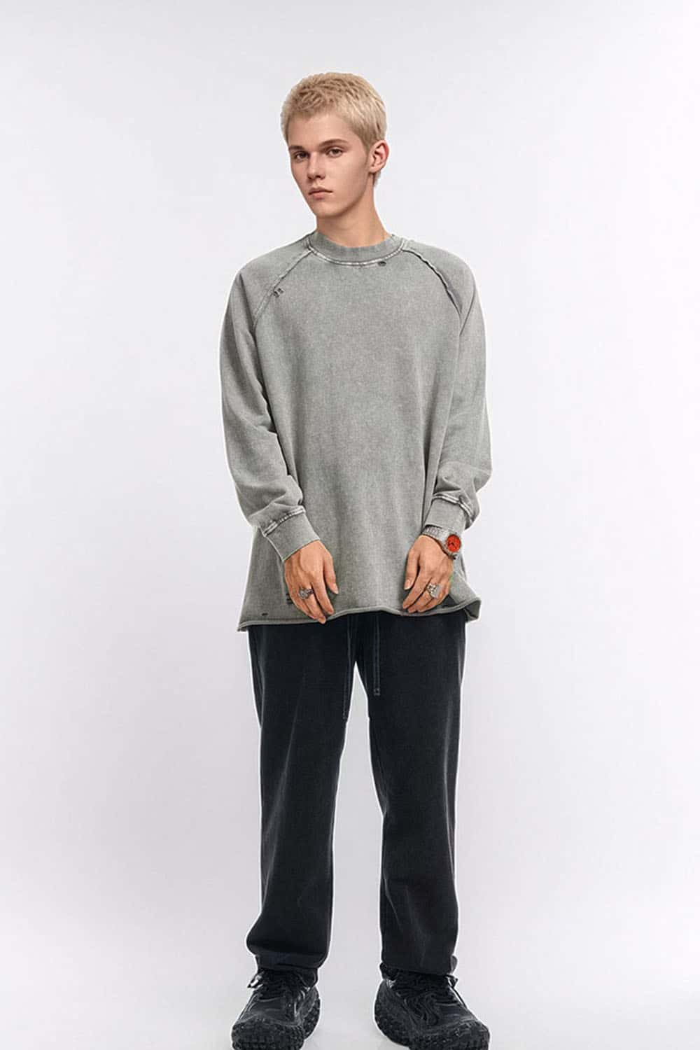 Breathable Distressed Raw-Edge Cotton Sweatshirt in Medium Gray - full-length front modeled view