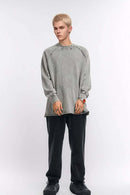 Breathable Distressed Raw-Edge Cotton Sweatshirt in Medium Gray - full-length front modeled view