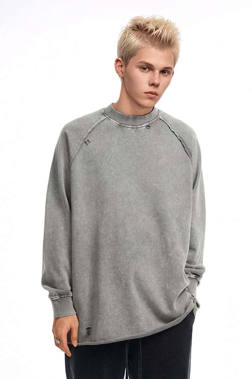 Breathable Distressed Raw-Edge Cotton Sweatshirt in Medium Gray - front modeled view