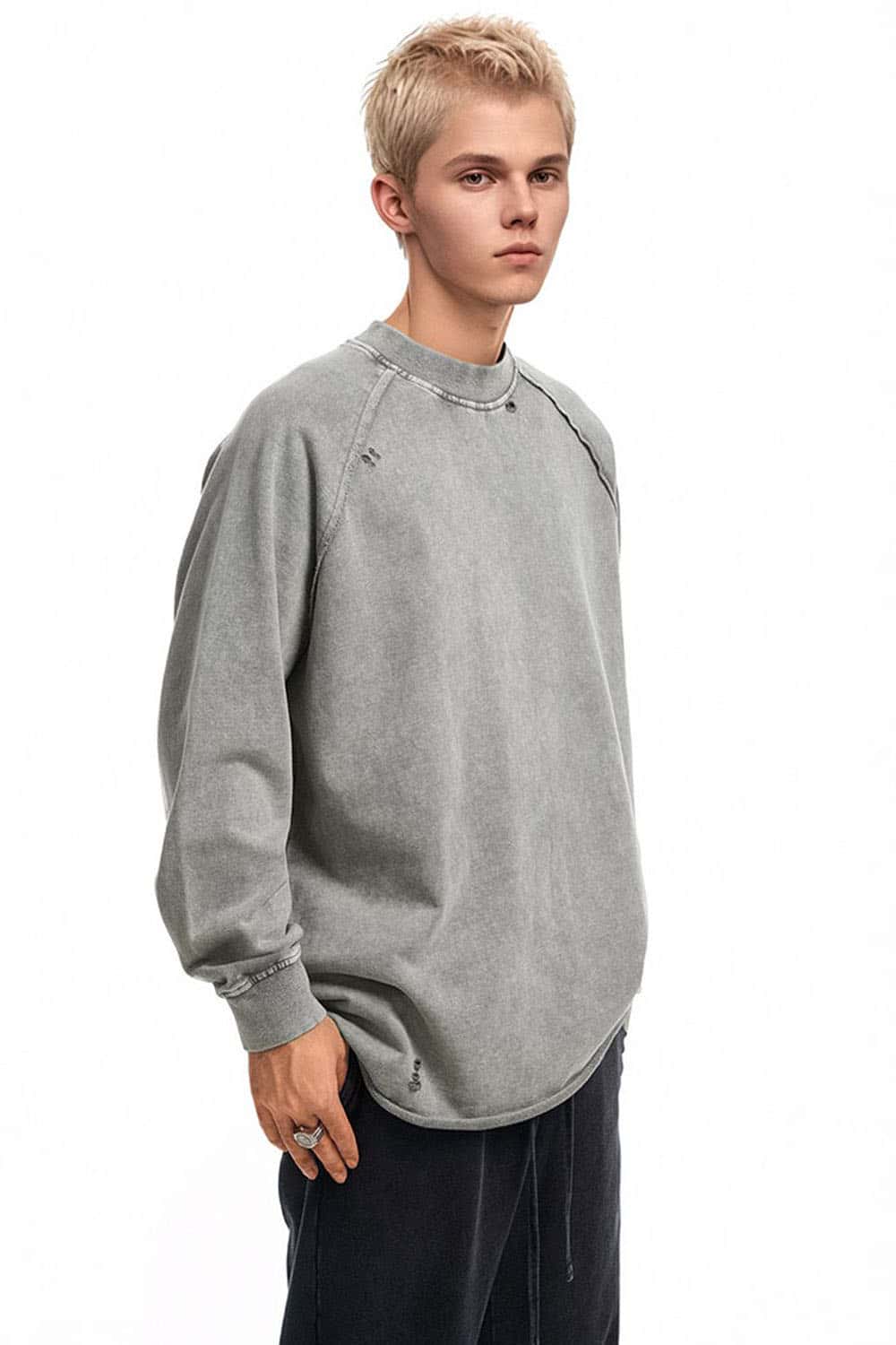 Breathable Distressed Raw-Edge Cotton Sweatshirt in Medium Gray - front modeled view