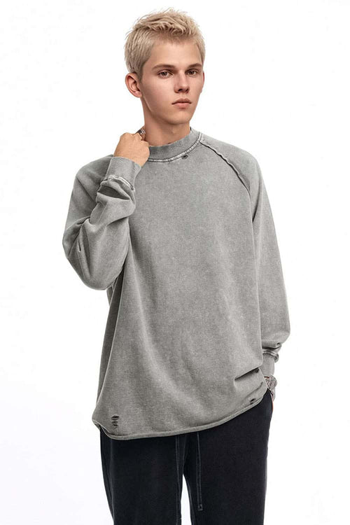 Breathable Distressed Raw-Edge Cotton Sweatshirt in Medium Gray - front modeled view