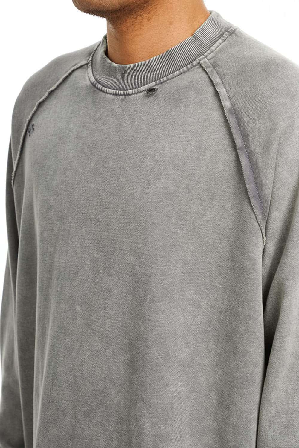 Breathable Distressed Raw-Edge Cotton Sweatshirt in Medium Gray - collar detail