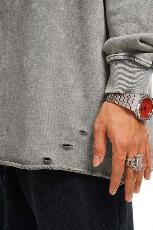 Breathable Distressed Raw-Edge Cotton Sweatshirt in Medium Gray - cuff and hem detail