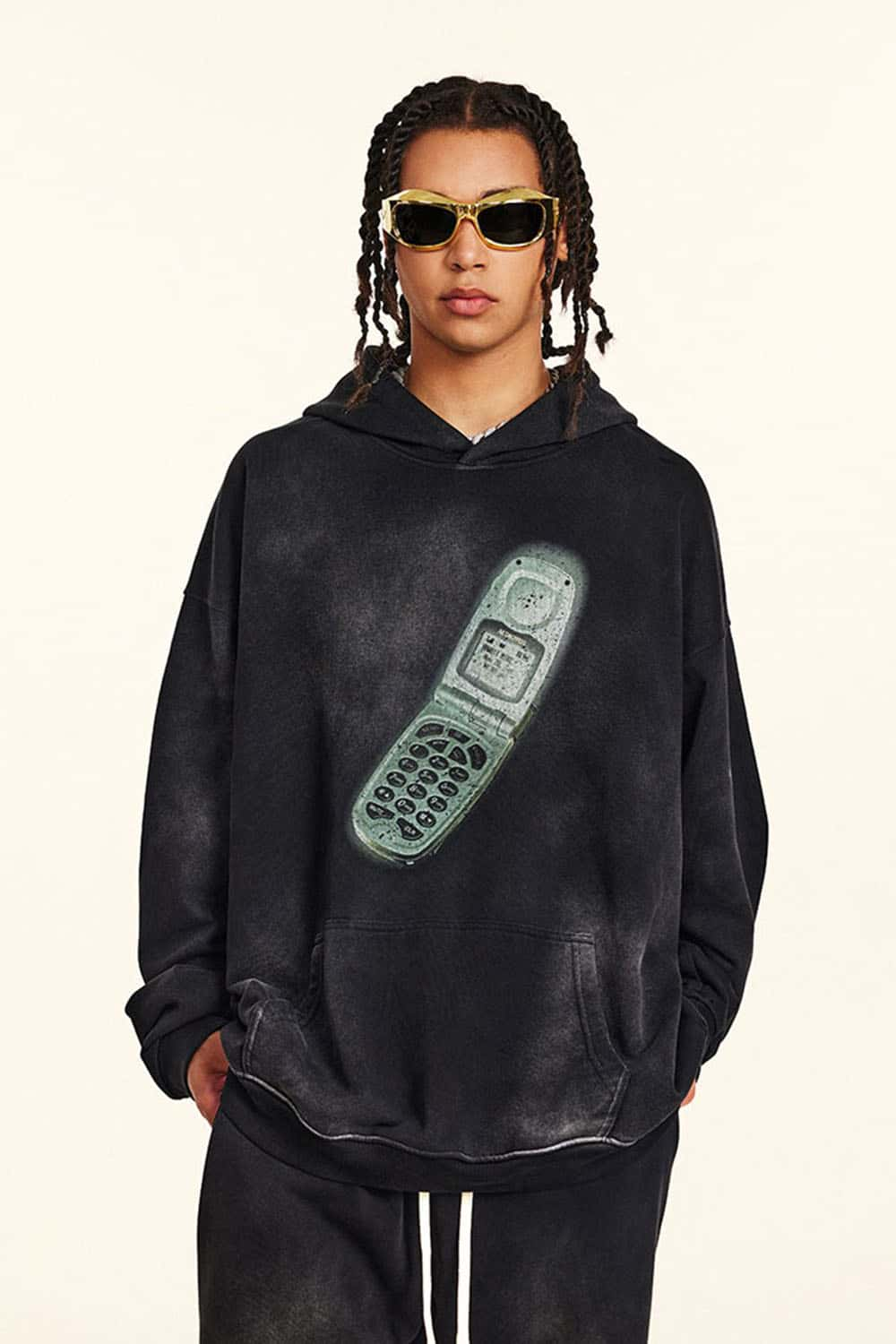 Y2K Futuristic Flip Phone Graphic Hoodie