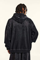 Washed Paint-Splatter Pullover Hoodie in Black - back modeled view