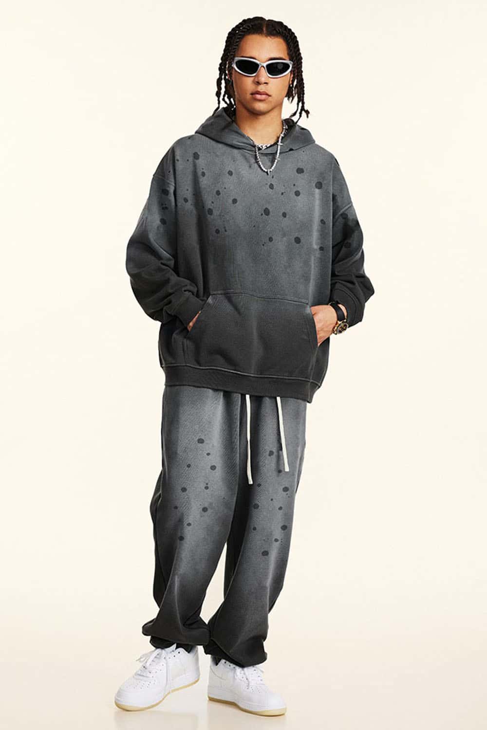 Washed Paint-Splatter Pullover Hoodie in Dark Gray - full-length front modeled view