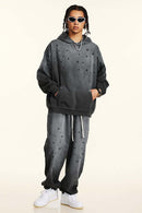 Washed Paint-Splatter Pullover Hoodie in Dark Gray - full-length front modeled view
