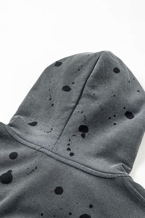 Washed Paint-Splatter Pullover Hoodie in Dark Gray - modeled view
