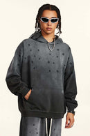 Washed Paint-Splatter Pullover Hoodie in Dark Gray - full-length back modeled view