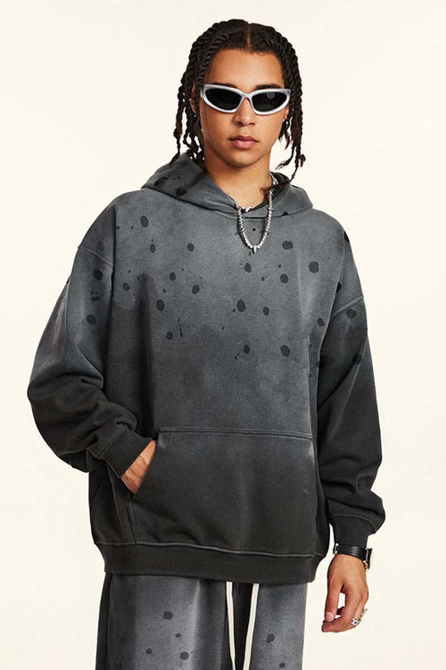 Washed Paint-Splatter Pullover Hoodie in Dark Gray - full-length back modeled view
