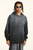 Washed Paint-Splatter Pullover Hoodie in Dark Gray - full-length front modeled view