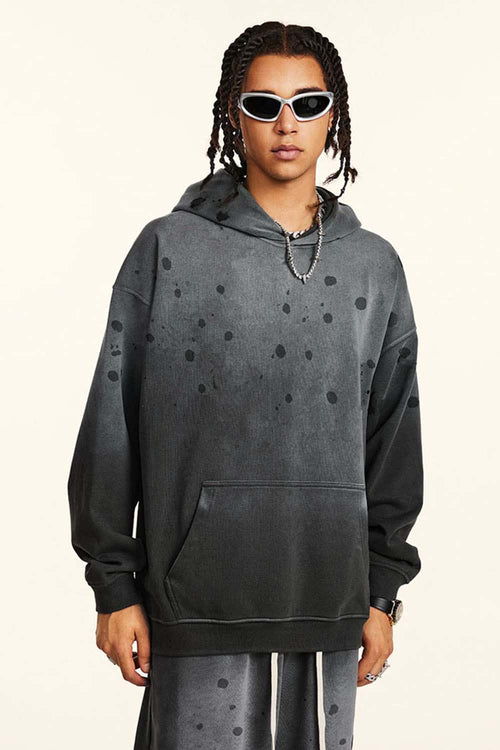 Washed Paint-Splatter Pullover Hoodie in Dark Gray - full-length front modeled view