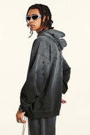 Washed Paint-Splatter Pullover Hoodie in Dark Gray - full-length front modeled view