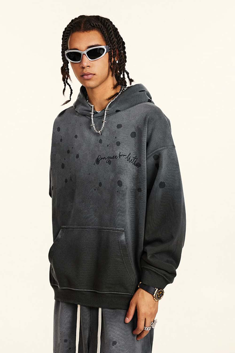 High Street Vintage Sports Pullover Hoodie with Distressed Finish