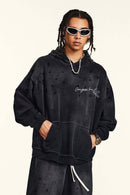 Distressed Gradient-Wash Splatter-Graphic Pullover Hoodie in Black - front product view