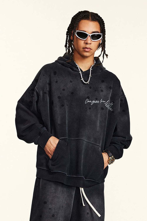 Distressed Gradient-Wash Splatter-Graphic Pullover Hoodie in Black - front product view