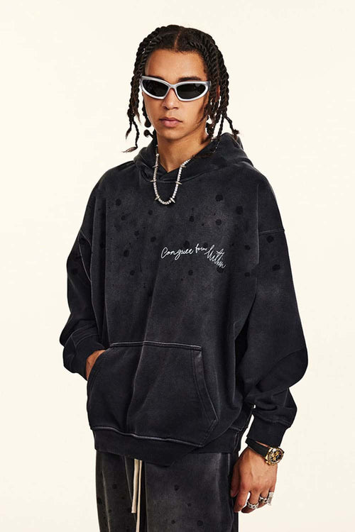 Distressed Gradient-Wash Splatter-Graphic Pullover Hoodie in Black - front product view