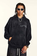 Distressed Gradient-Wash Splatter-Graphic Pullover Hoodie in Black - front modeled view