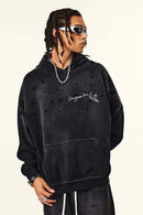 Distressed Gradient-Wash Splatter-Graphic Pullover Hoodie in Black - product detail close-up