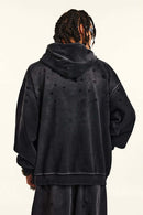 Distressed Gradient-Wash Splatter-Graphic Pullover Hoodie in Black - back modeled view