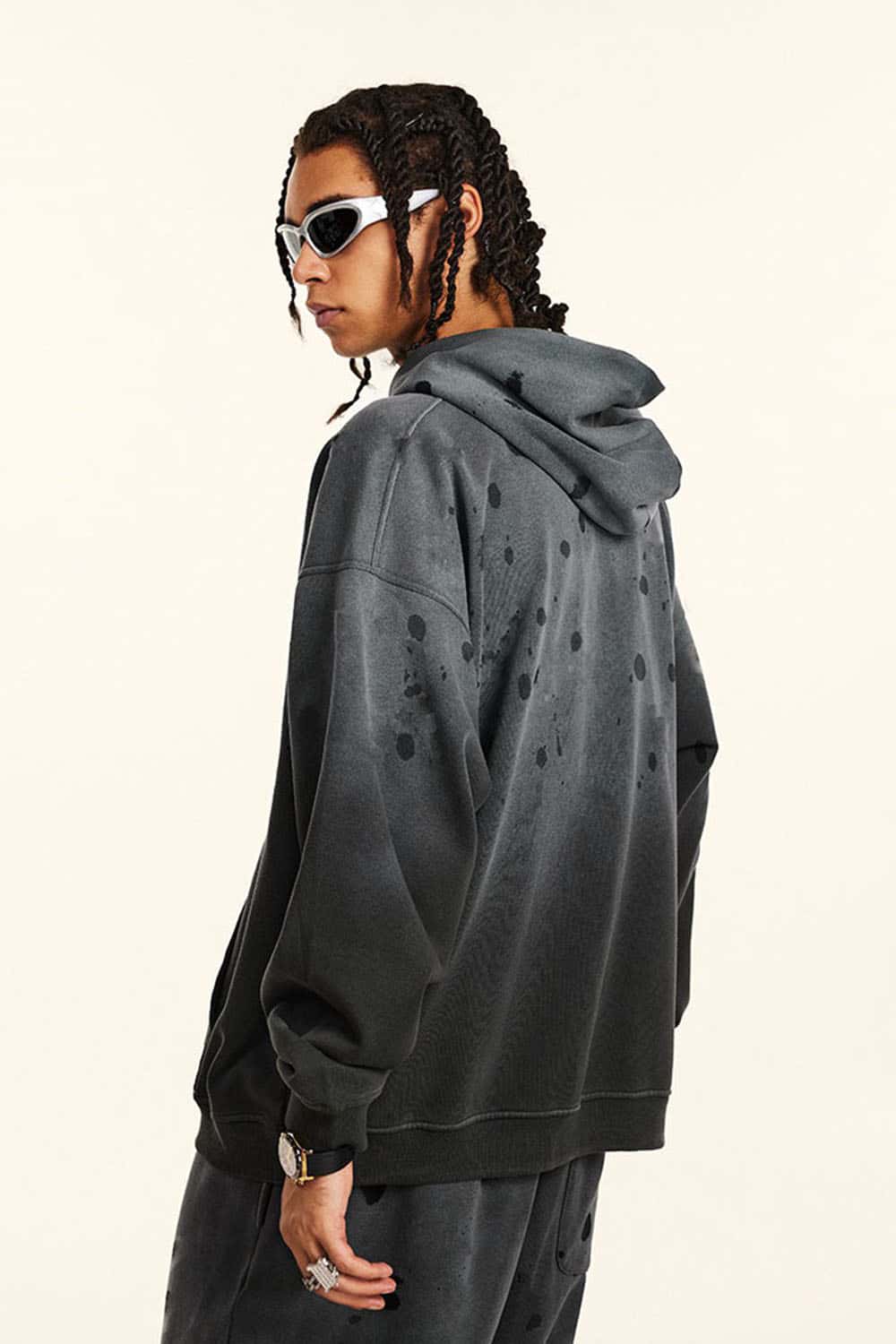 Distressed Gradient-Wash Splatter-Graphic Pullover Hoodie in Dark Gray - back product view