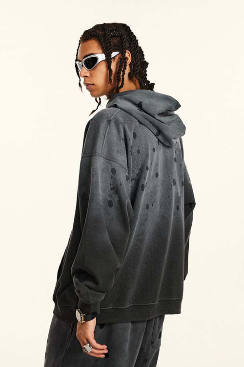 Distressed Gradient-Wash Splatter-Graphic Pullover Hoodie in Dark Gray - back product view