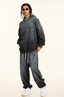Distressed Gradient-Wash Splatter-Graphic Pullover Hoodie in Dark Gray - full-length front modeled view