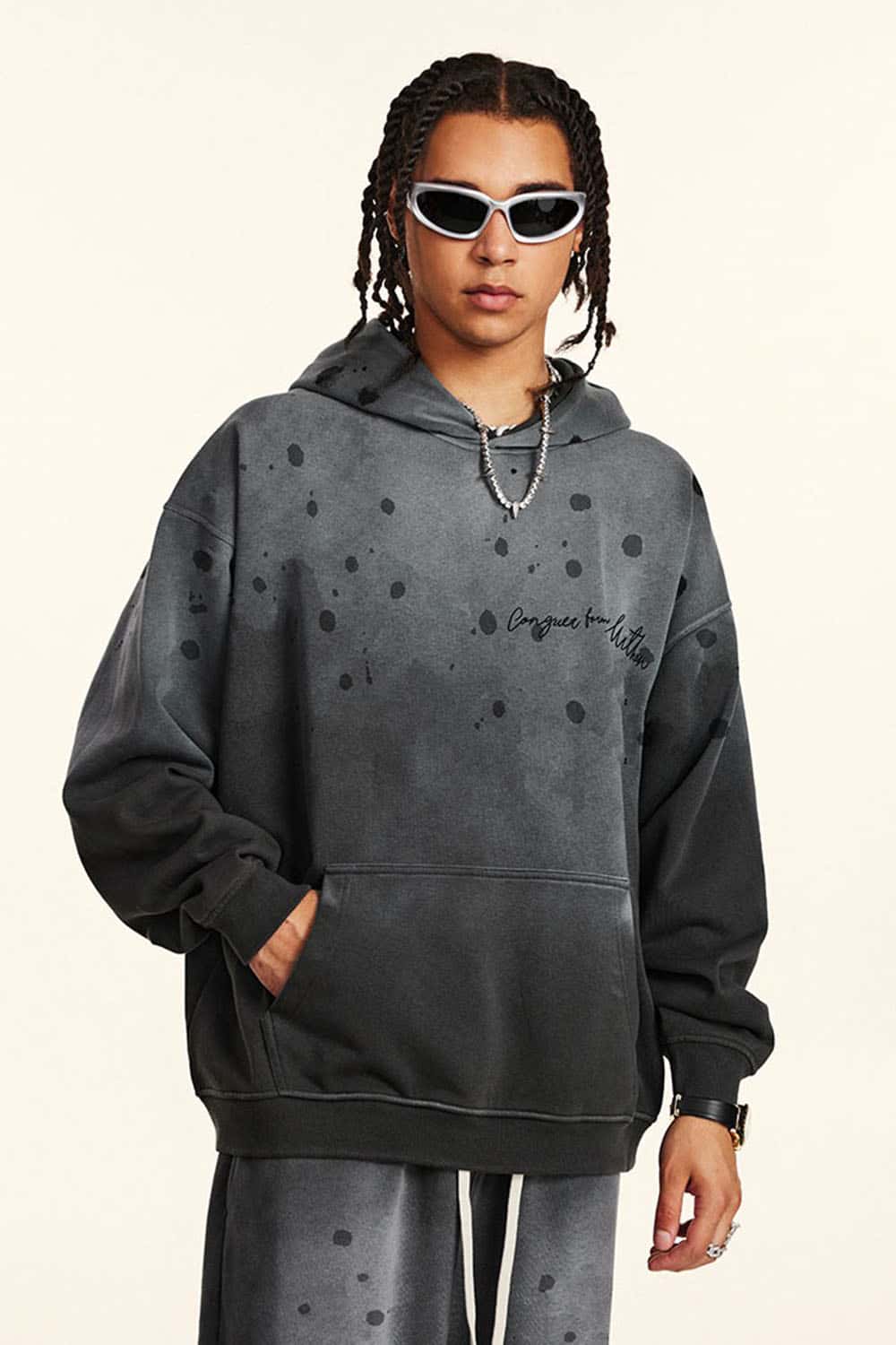 Distressed Gradient-Wash Splatter-Graphic Pullover Hoodie in Dark Gray - front product view