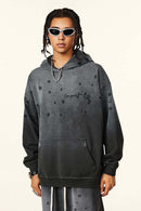 Distressed Gradient-Wash Splatter-Graphic Pullover Hoodie in Dark Gray - product detail close-up