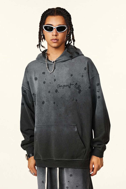 Distressed Gradient-Wash Splatter-Graphic Pullover Hoodie in Dark Gray - product detail close-up