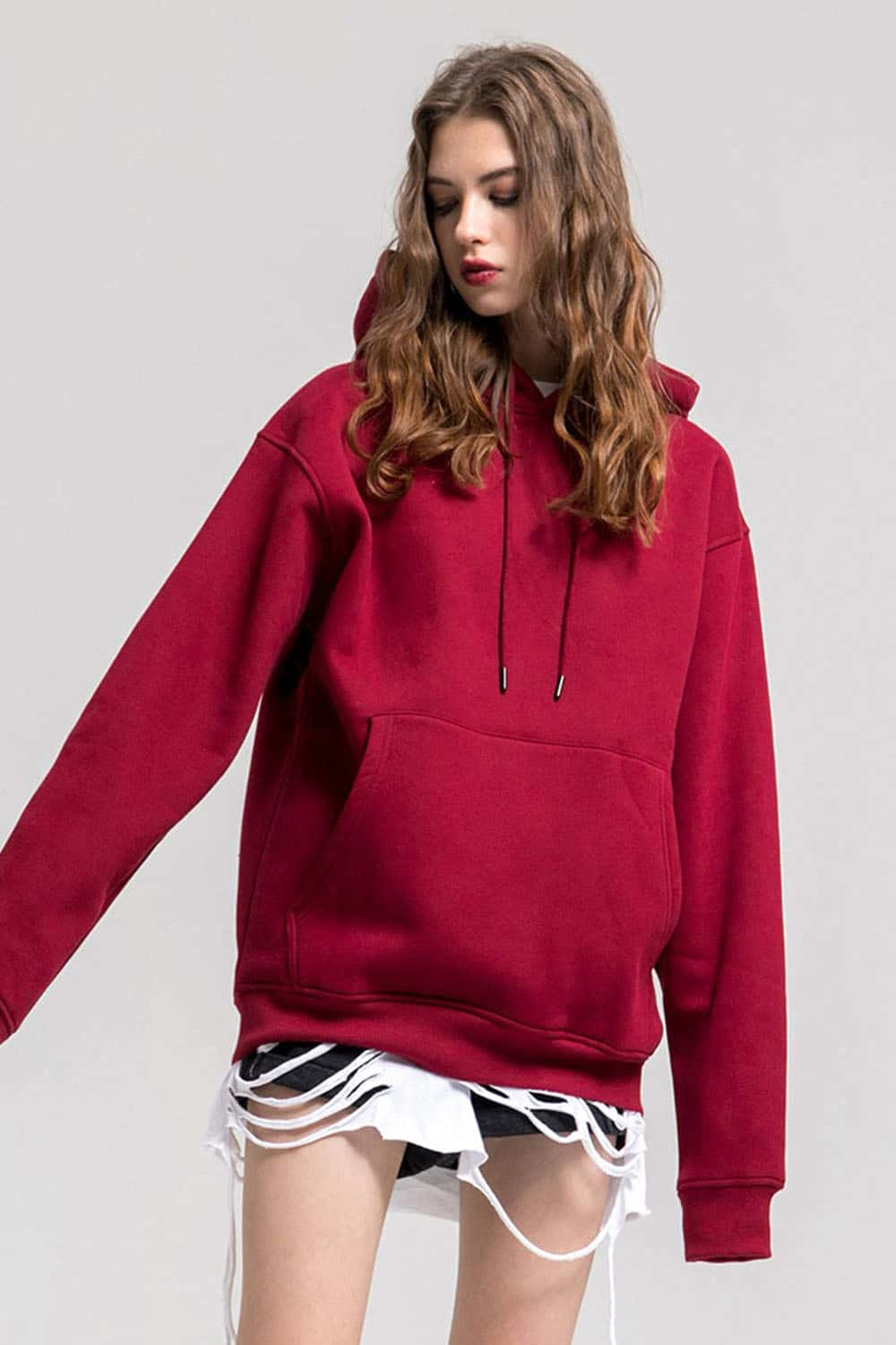 Fleece-Lined Solid Color Hoodie with Plush Hood - Cozy Casual Wear