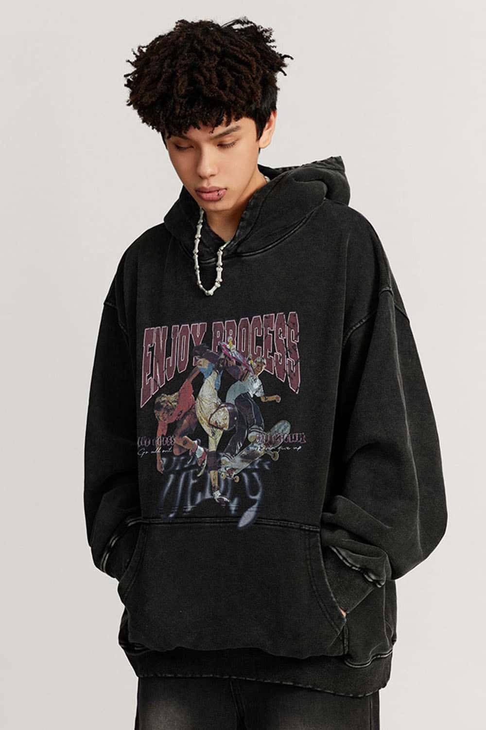 Heavyweight Washed Skateboarder-Graphic Cotton Pullover Hoodie in Fried Snowflakes - three-quarter front modeled view