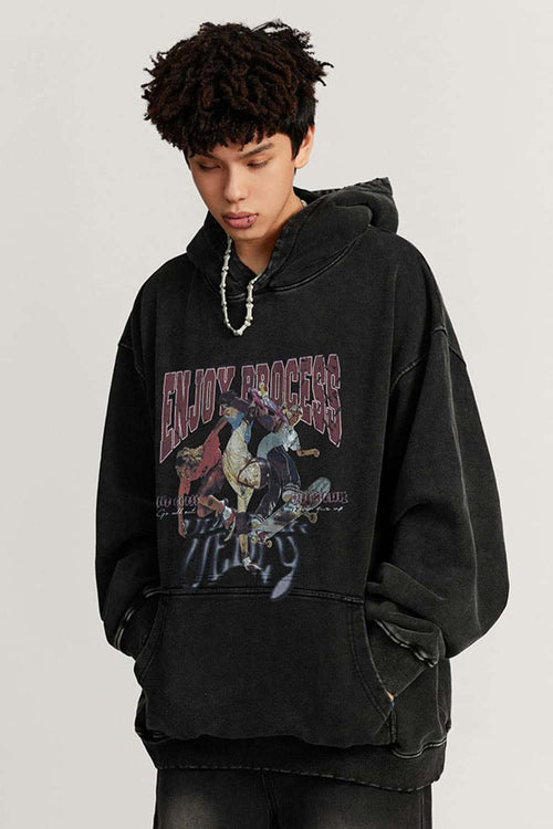 Heavyweight Washed Skateboarder-Graphic Cotton Pullover Hoodie in Fried Snowflakes - three-quarter front modeled view