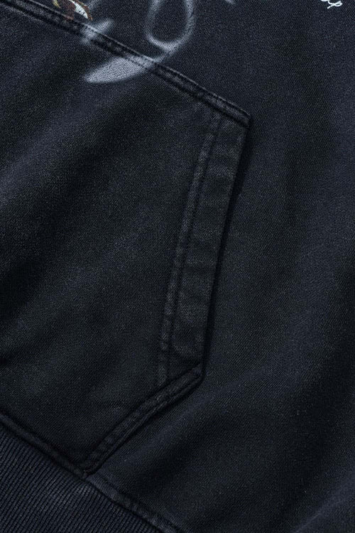 Heavyweight Washed Skateboarder-Graphic Cotton Pullover Hoodie in Fried Snowflakes - kangaroo pocket detail