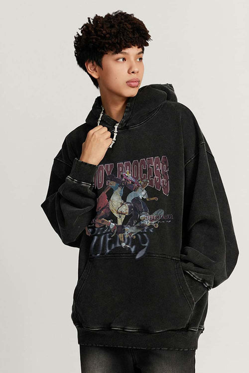 Heavyweight Washed Skateboarder-Graphic Cotton Pullover Hoodie in Fried Snowflakes - three-quarter front modeled view