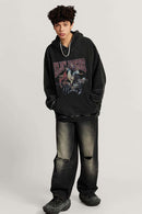 Heavyweight Washed Skateboarder-Graphic Cotton Pullover Hoodie in Fried Snowflakes - full-length front modeled view