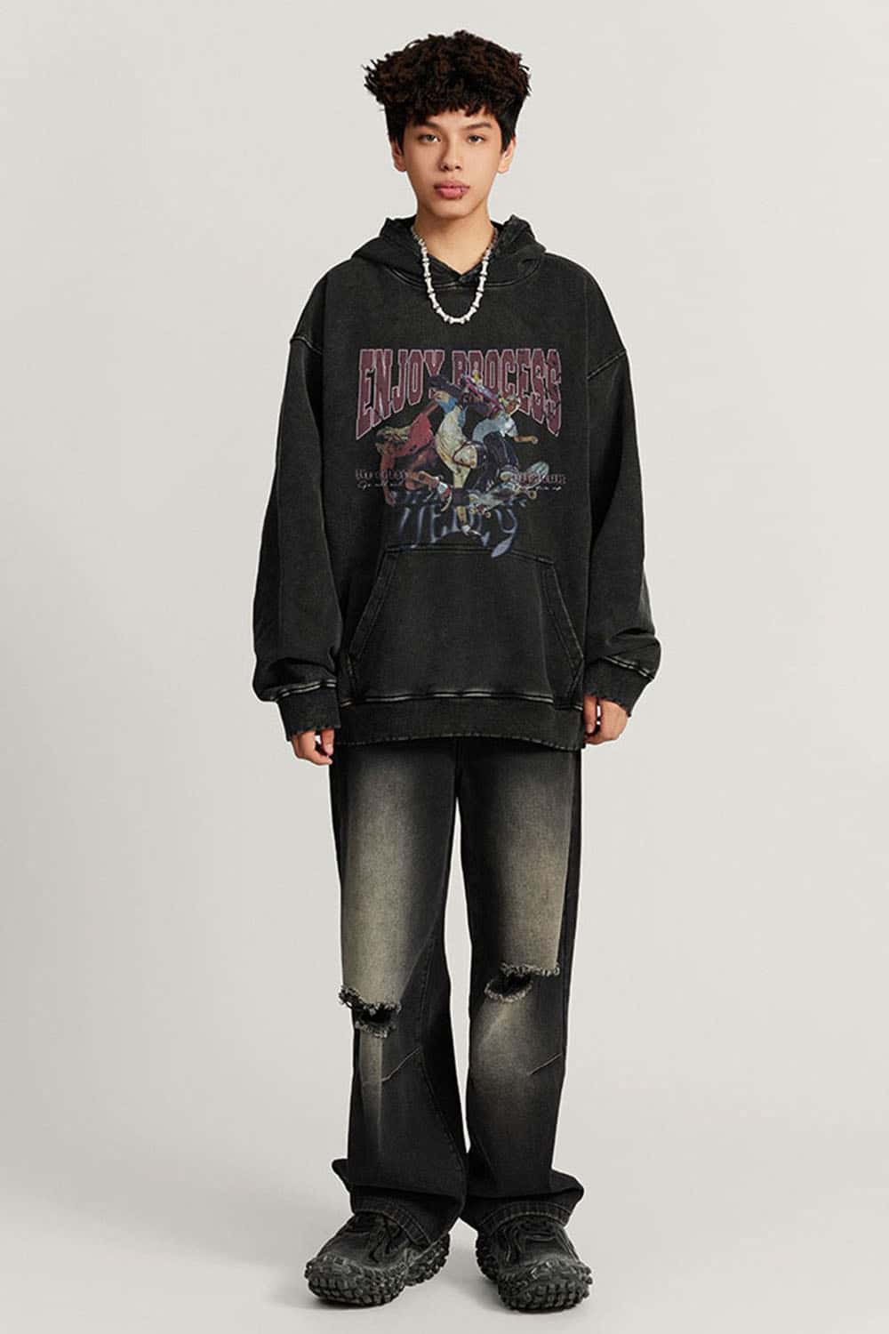Heavyweight Washed Skateboarder-Graphic Cotton Pullover Hoodie in Fried Snowflakes - full-length front modeled view