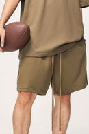 Heavyweight Cotton Relaxed-Fit Drawstring Shorts in Brown - waistband detail