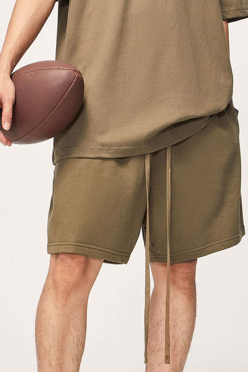 Heavyweight Cotton Relaxed-Fit Drawstring Shorts in Brown - waistband detail