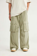 Waterproof Multi-Pocket Wide-Leg Cargo Pants in Grayish Green - front modeled close-up