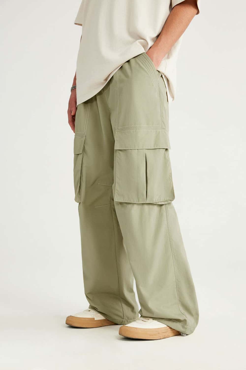 Waterproof Multi-Pocket Wide-Leg Cargo Pants in Grayish Green - side pocket detail