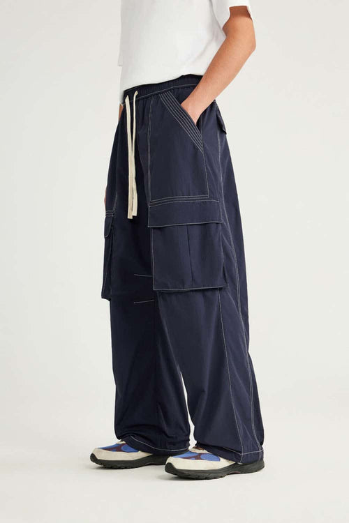 Waterproof Multi-Pocket Wide-Leg Cargo Pants in Navy Blue - waistband detail